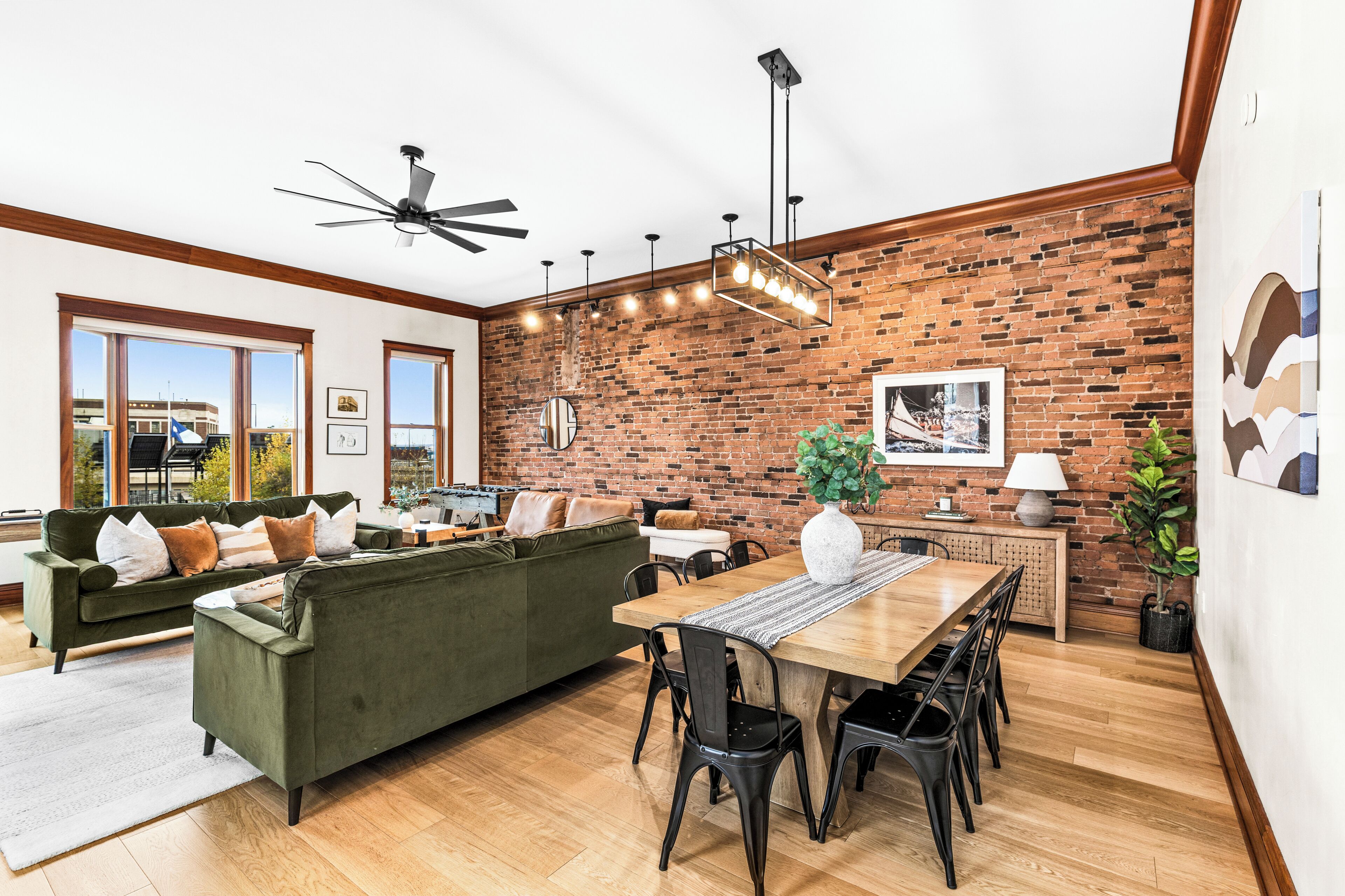 Smart TV, fireplace, foosball