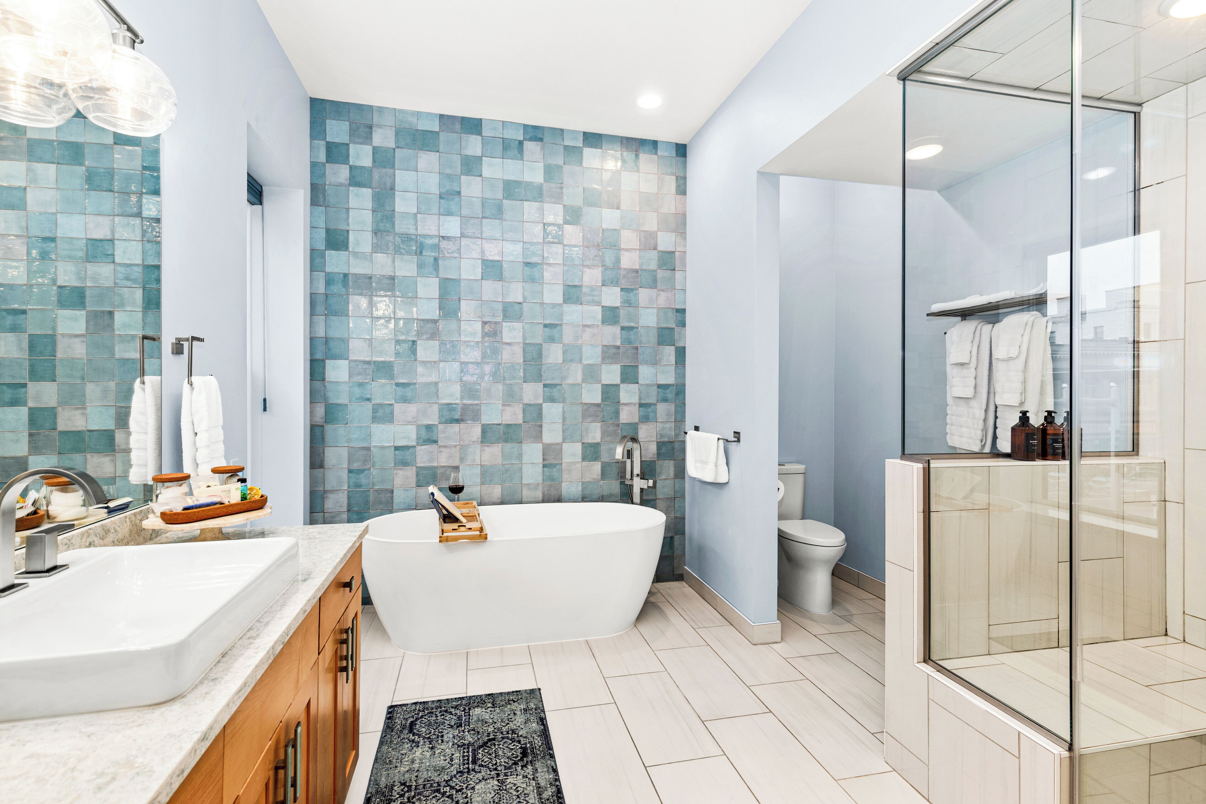 Hair dryer, towels, soap, shampoo