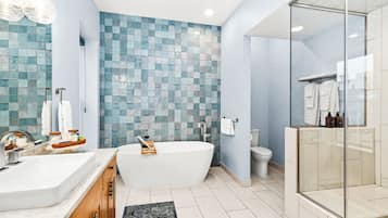 Hair dryer, towels, soap, shampoo