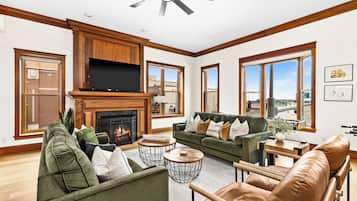 Smart TV, fireplace, foosball