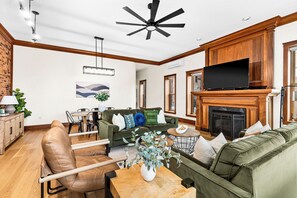 Smart TV, fireplace, table football