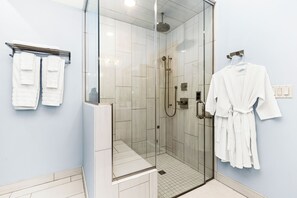 Hair dryer, towels, soap, shampoo