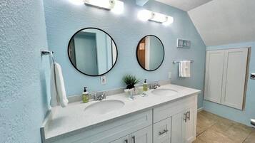 Hair dryer, towels, soap, shampoo