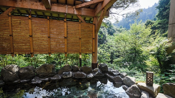 Un jardín japonés tradicional con un estanque de piedra, pantalla de bambú y una estructura de madera.