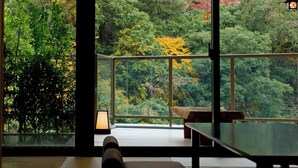 Una habitación con un ventanal grande que da a una zona boscosa. Hay un banco de madera y una mesa en la habitación.