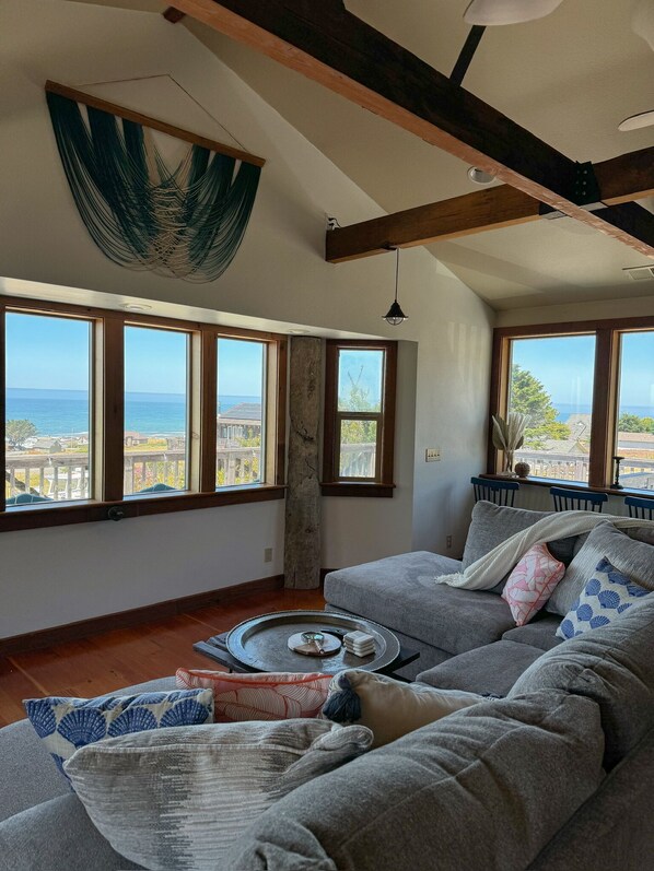 Smart TV, fireplace, books, stereo