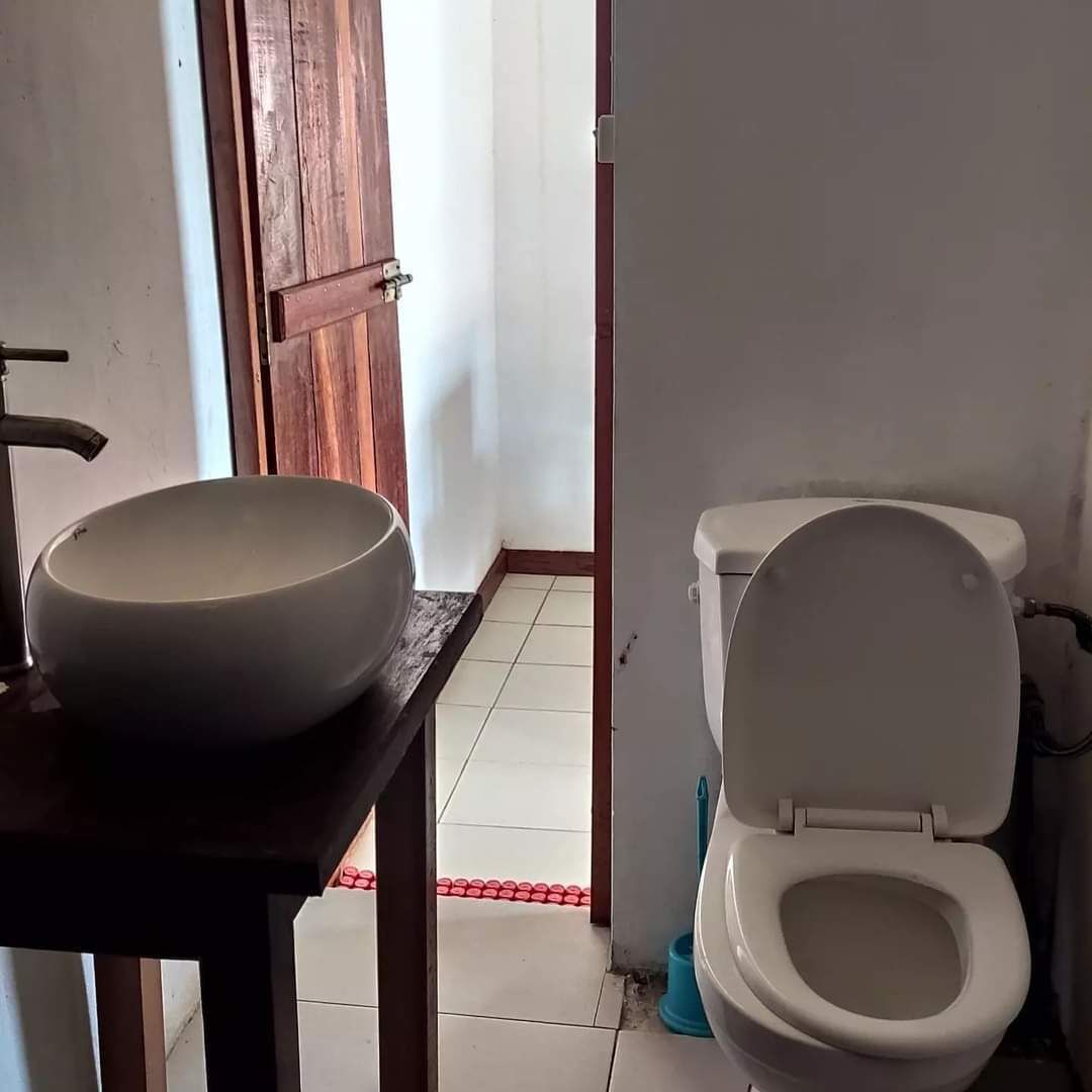 A bathroom with a white sink, a toilet, and a wooden door.