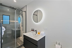 Une salle de bain moderne avec une douche à parois de verre, un meuble-lavabo avec un miroir et des articles de toilette.