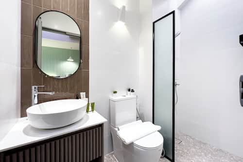Shower, hair dryer, bidet, towels