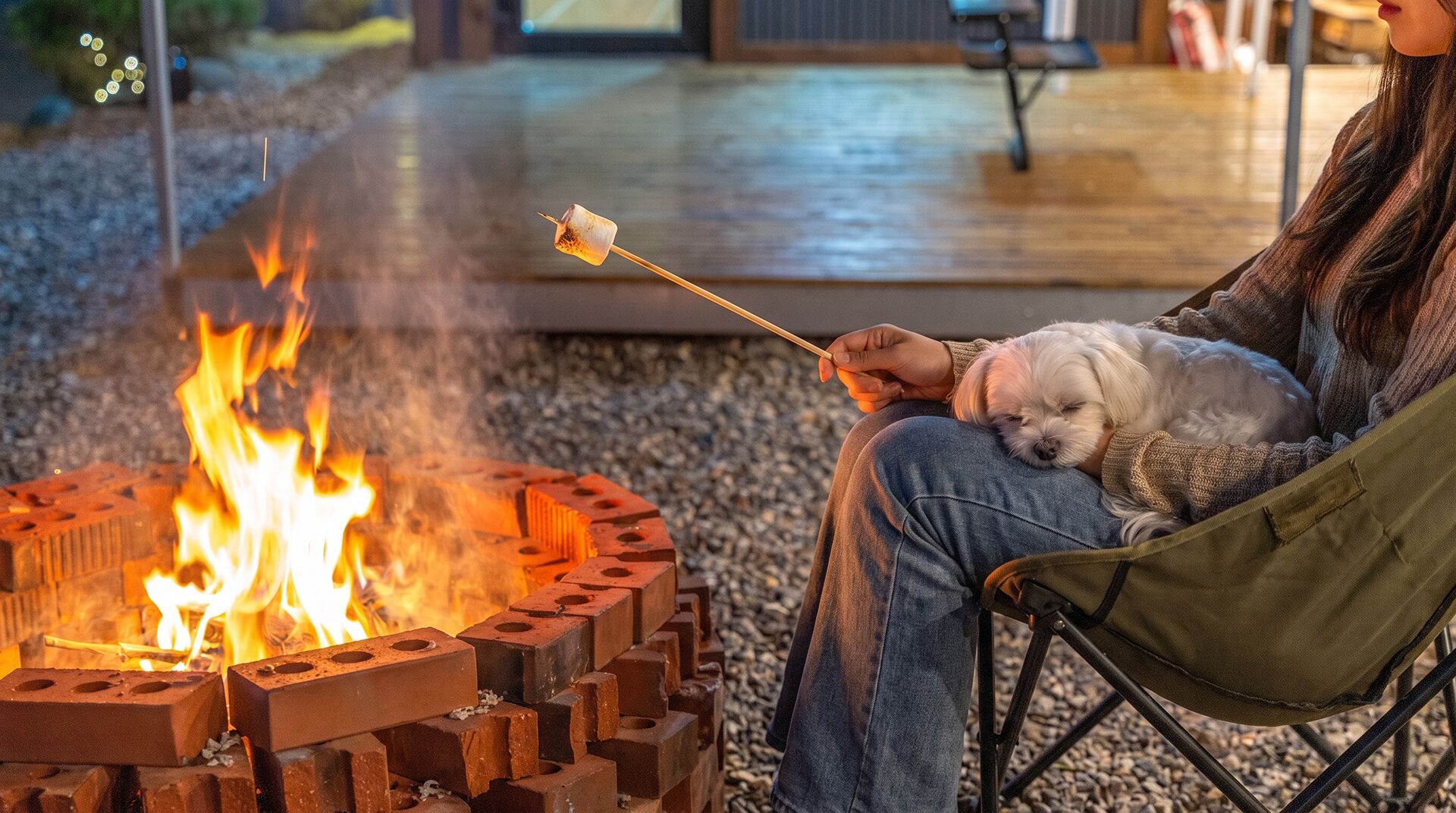 A person roasting marshmallows over a fire pit with a dog.