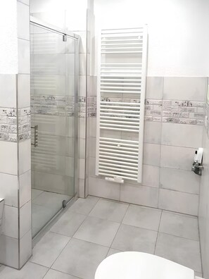 A bathroom with a glass shower enclosure, a white toilet, and a wall-mounted radiator.
