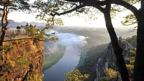 Un mirador panorámico con un río, acantilados y una barandilla para apreciar las vistas.