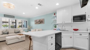 Studio, 1 Queen Bed with Sofa bed, Patio, Garden View (Hidden Beach 128 - No Pets Allowed) | Private kitchen | Fridge, microwave, oven, stovetop - Hidden Beach Villas (Santa Rosa Beach)