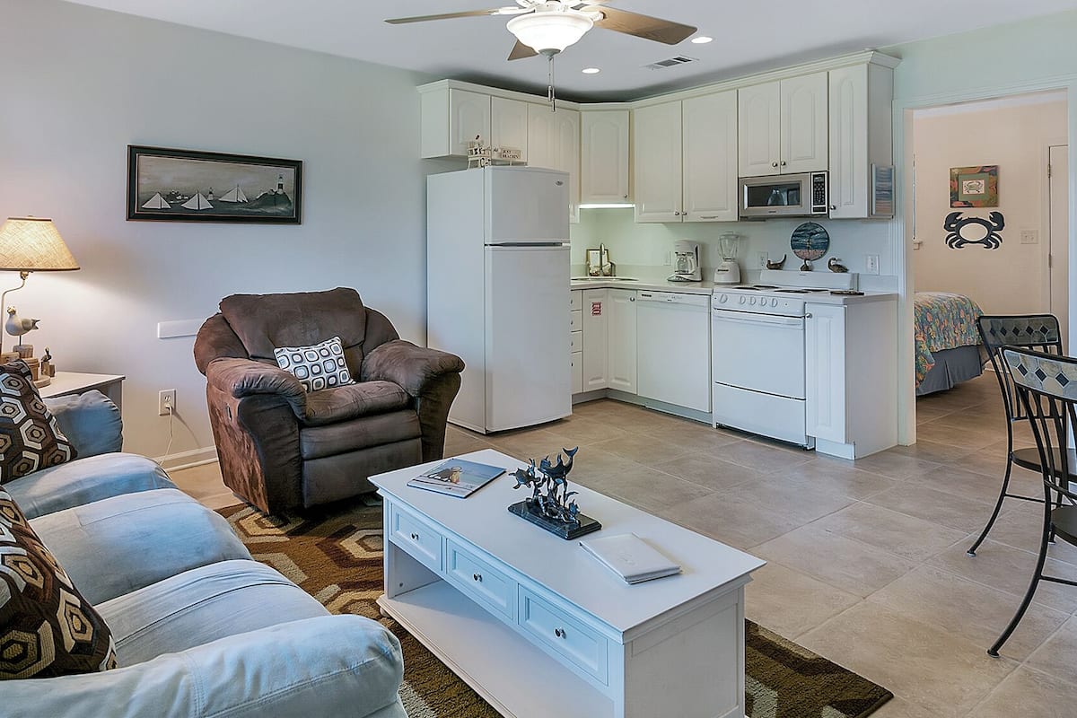 Studio Suite, 1 Queen Bed with Sofa bed, Patio, Garden View (Hidden Beach 117) | Living area | 42-inch flat-screen TV with digital channels