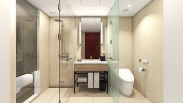 Dusche, Haartrockner, Hausschuhe, Bidet
