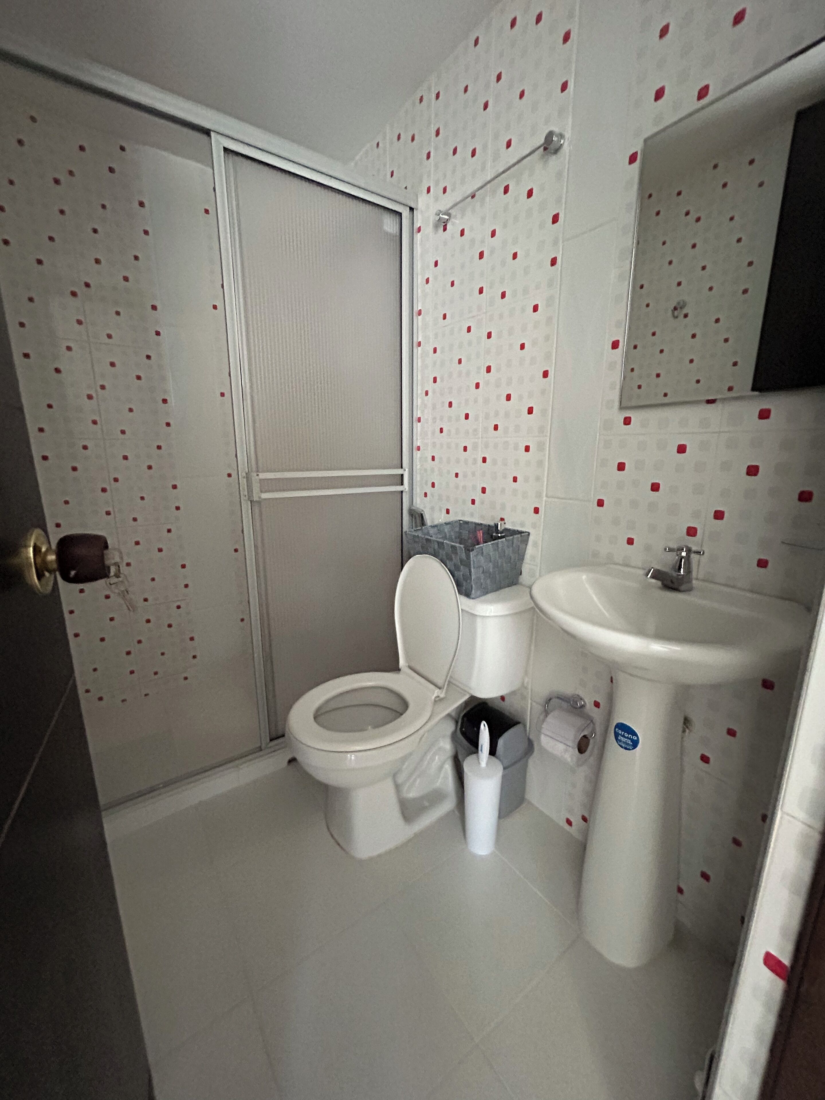 Un baño pequeño con inodoro, lavamanos y espejo.