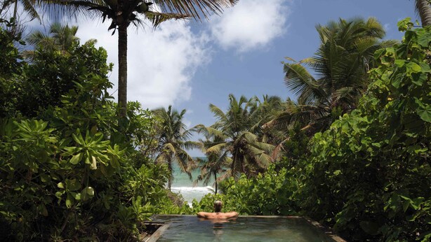 A man in a swimming pool surrounded by lush greenery and palm trees, with a view of the ocean in the background. - Sama Retreats - Kosgoda (Kosgoda)