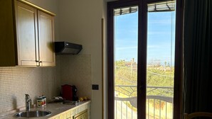 Eine Küche mit Spüle, Schränken und einem Fenster mit Blick auf einen Balkon.