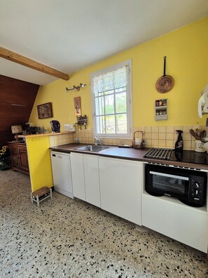 Een microgolfoven, een oven, een kookplaat, een vaatwasser