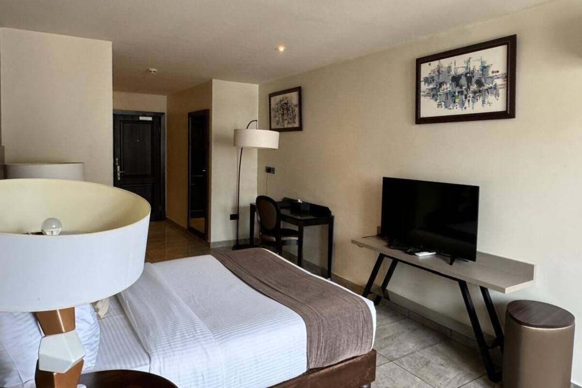 A hotel room with a bed, a desk with a television, a lamp, and a framed picture on the wall.