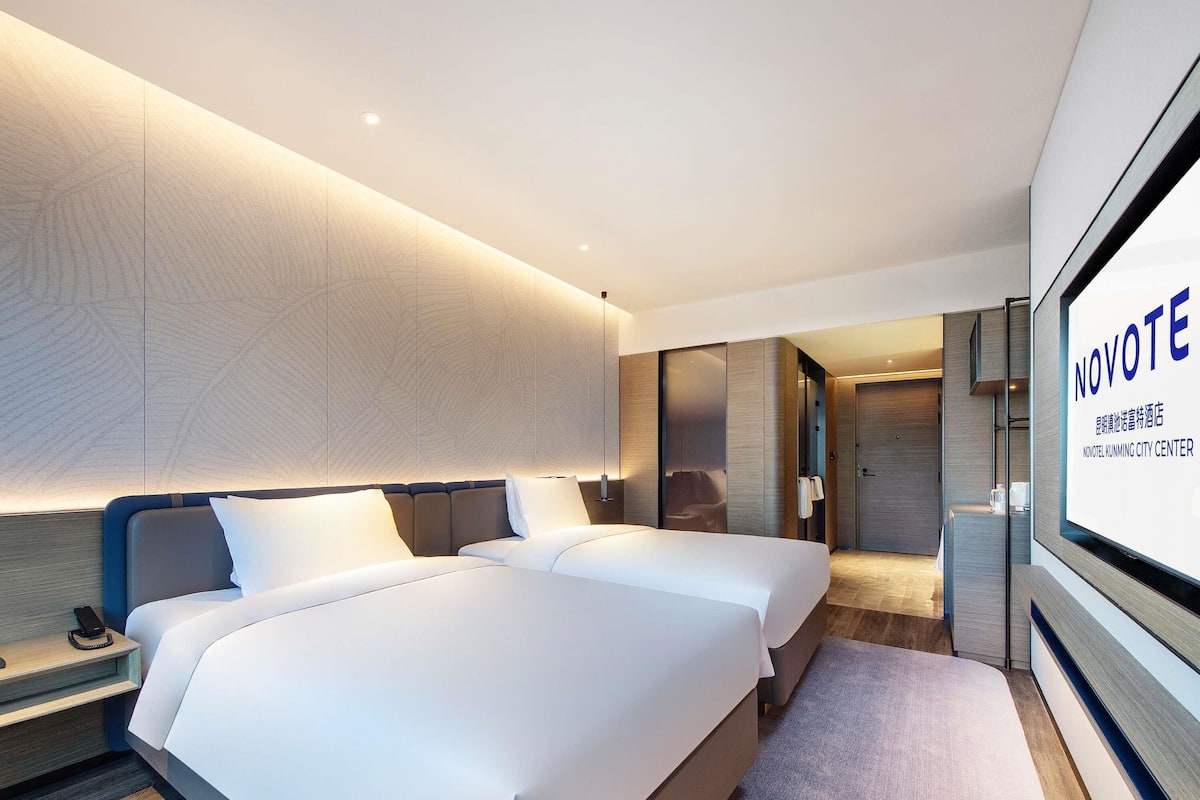 Una habitación de hotel moderna con una cama grande, mesitas de noche, un televisor y un armario.