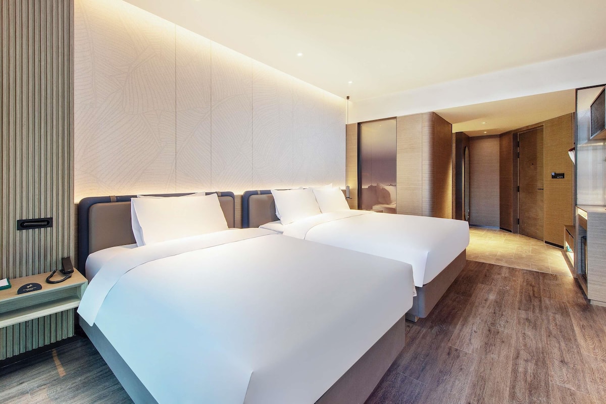 Una habitación de hotel moderna con dos camas, una mesita de noche y un armario empotrado.