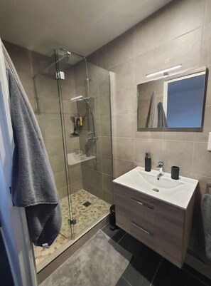 Hair dryer, towels, soap, shampoo