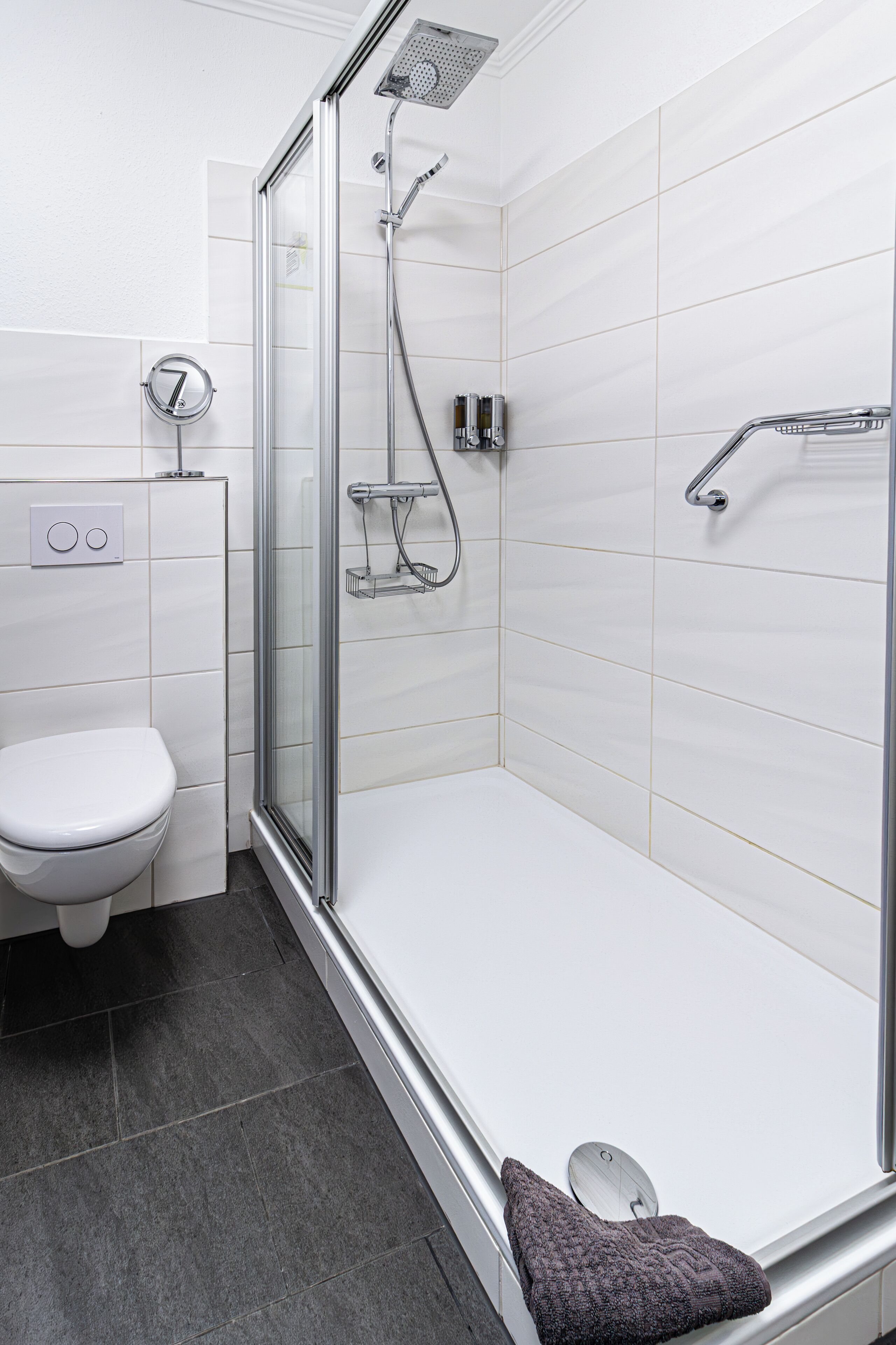Une salle de bain moderne avec une douche à parois de verre, des toilettes blanches et un porte-serviettes.