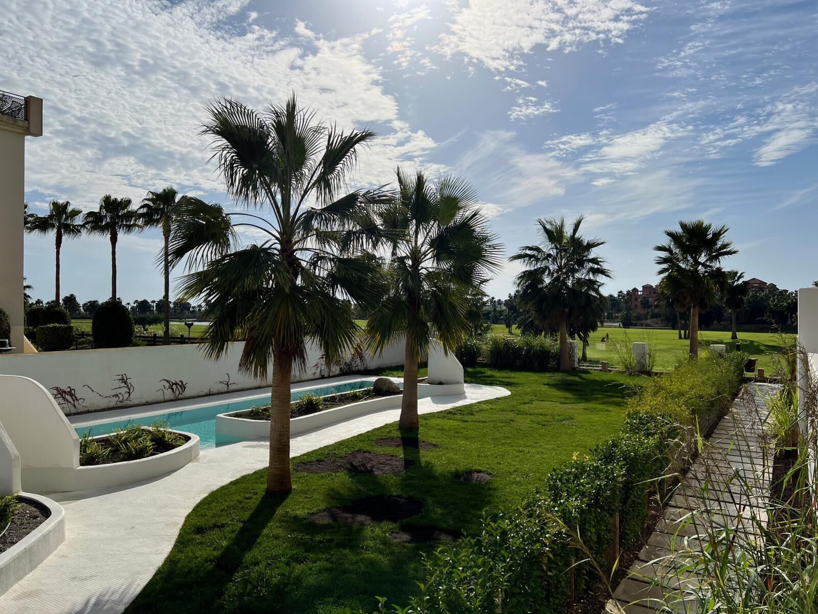 A pool area with palm trees, a grassy lawn, and a pathway leading to a building.