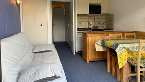 En kompakt bolig med tekøkken, spiseplads og sofa.