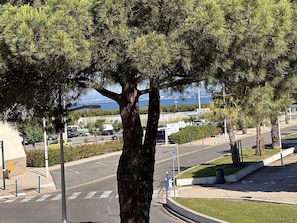 Rua arborizada com vista para o mar, áreas de estacionamento e céu claro.