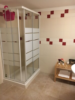 Shower, hair dryer, bidet, towels