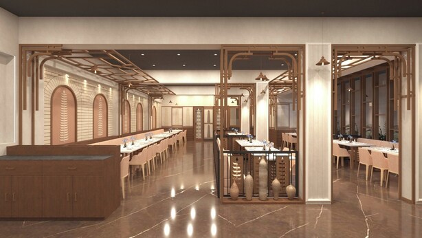 A spacious restaurant with multiple dining areas, wooden decor, and a polished floor. - Shree Shivya Namahstubhyam Hotel (Varanasi)