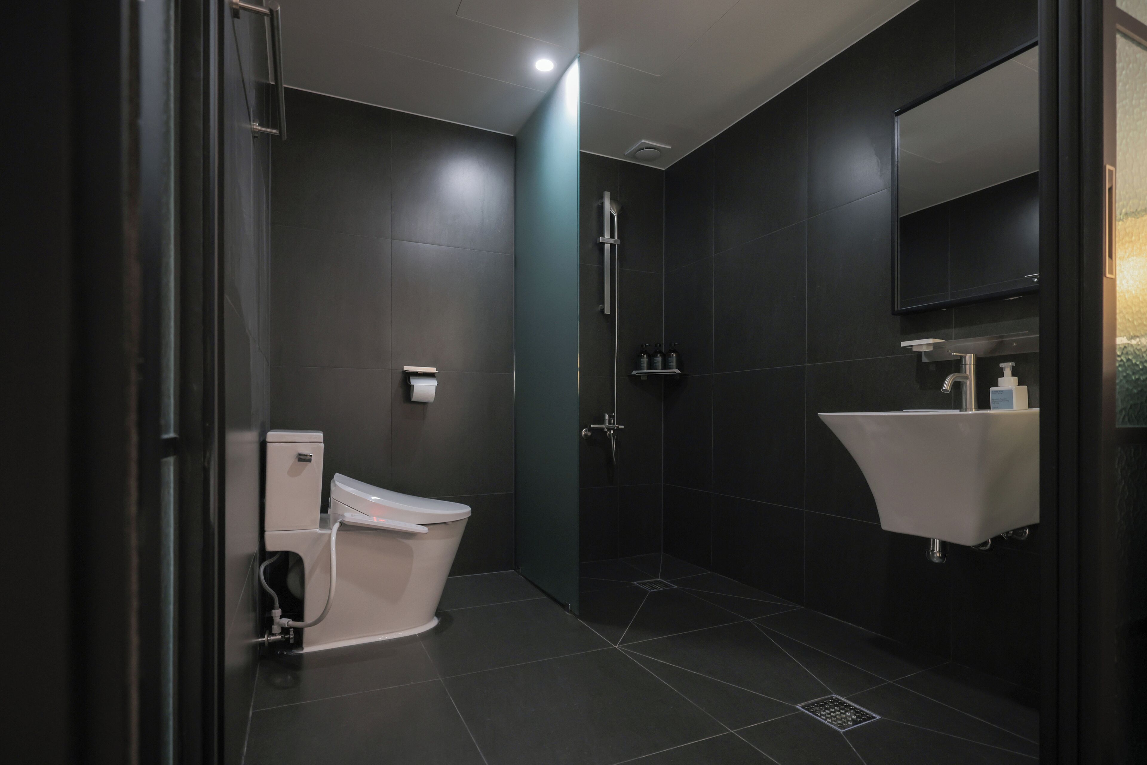 Ein modernes Badezimmer mit Toilette, Dusche und Waschbecken.