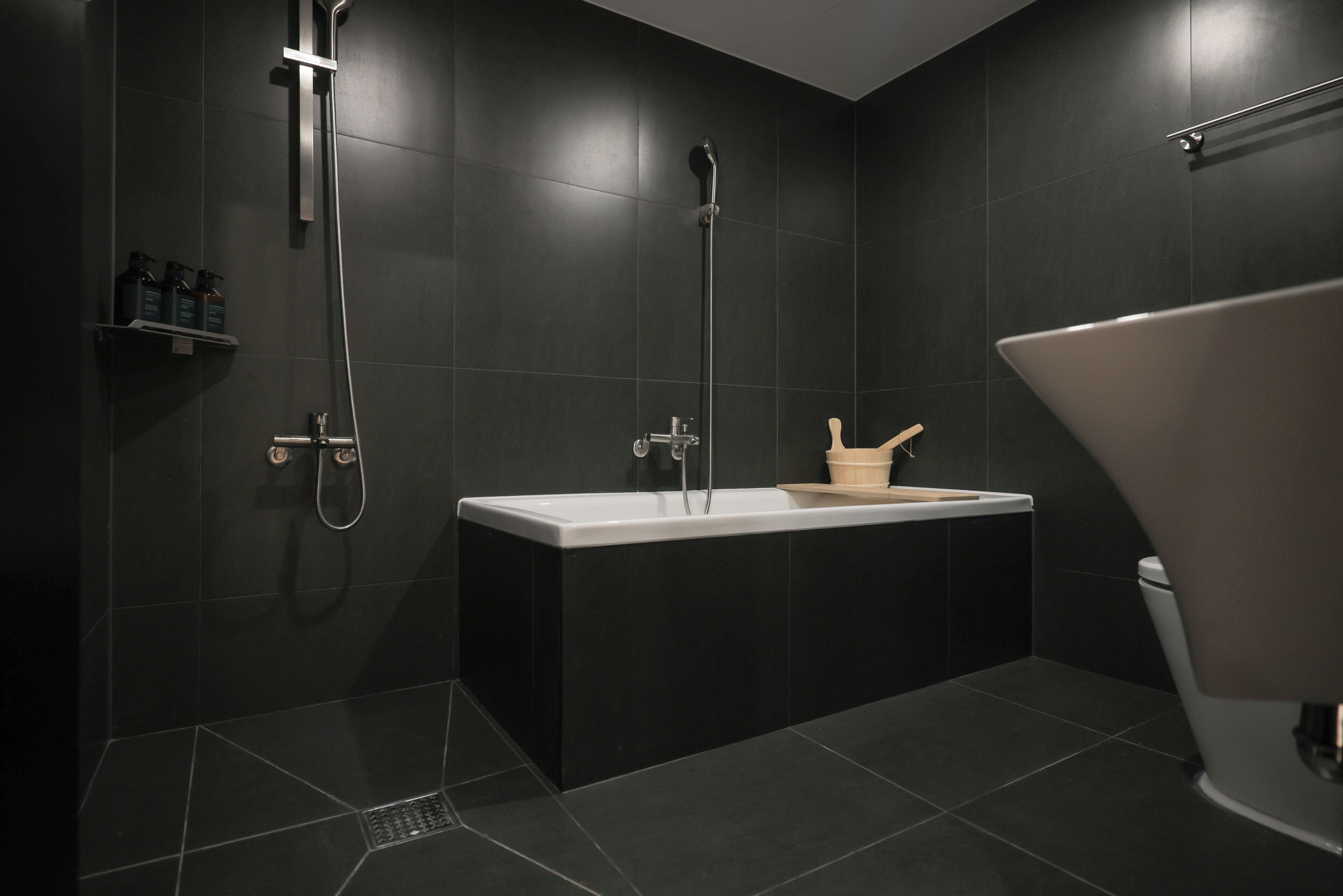 A modern bathroom with a bathtub, a shower, and a toilet.
