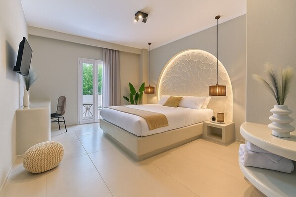 Quarto moderno com cama grande, mesas de cabeceira, detalhe de parede curvada e vista para o exterior.