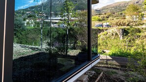 A train with a large window offering a view of a rural landscape with houses and trees. - Mesopotam Agrotourism Resort (Mesopotam)