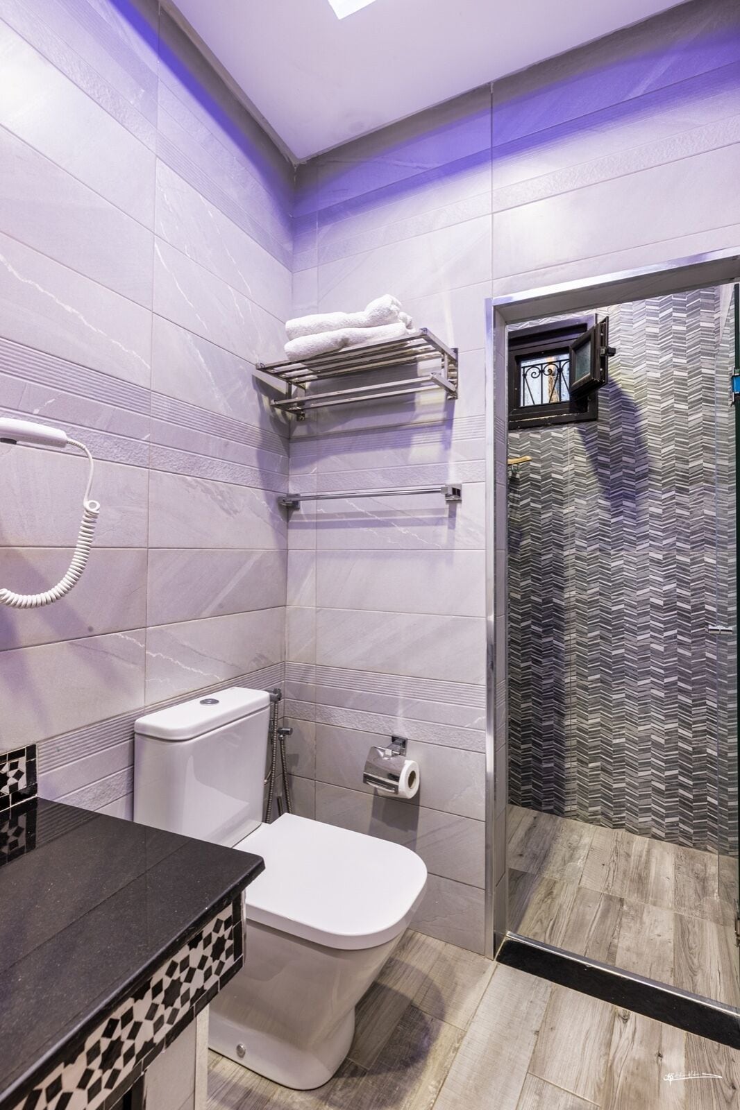 Une salle de bain moderne équipée de toilettes, d’une douche et d’un lavabo.