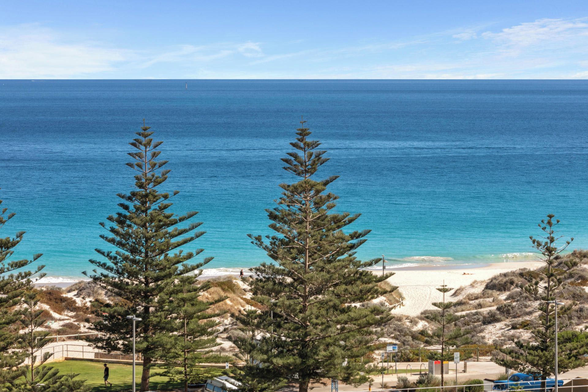 A coastal view with a beach, trees, and a clear sky.