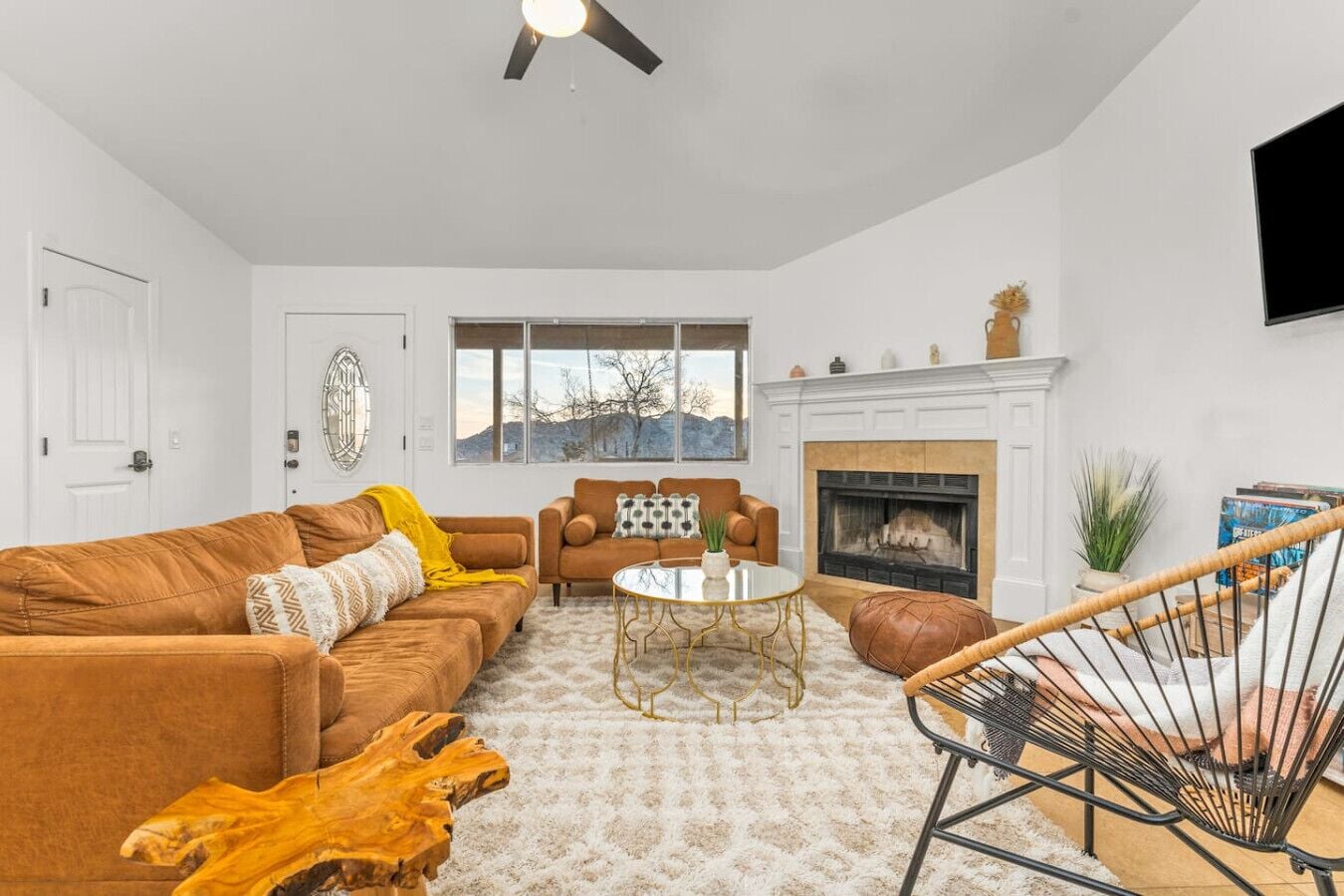 Smart TV, fireplace, books, stereo