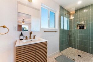 Hair dryer, towels, soap, shampoo