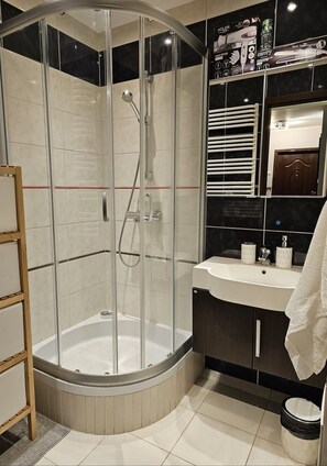 Apartment | Bathroom | Shower, hair dryer, towels, toilet paper