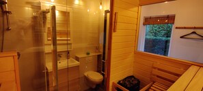 Dusche, Haartrockner, Handtücher, Seife