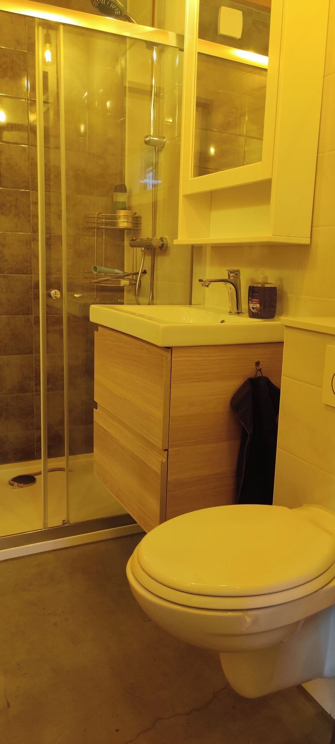 Ein Badezimmer mit Duschkabine, Waschbecken in Weiß und Toilette.