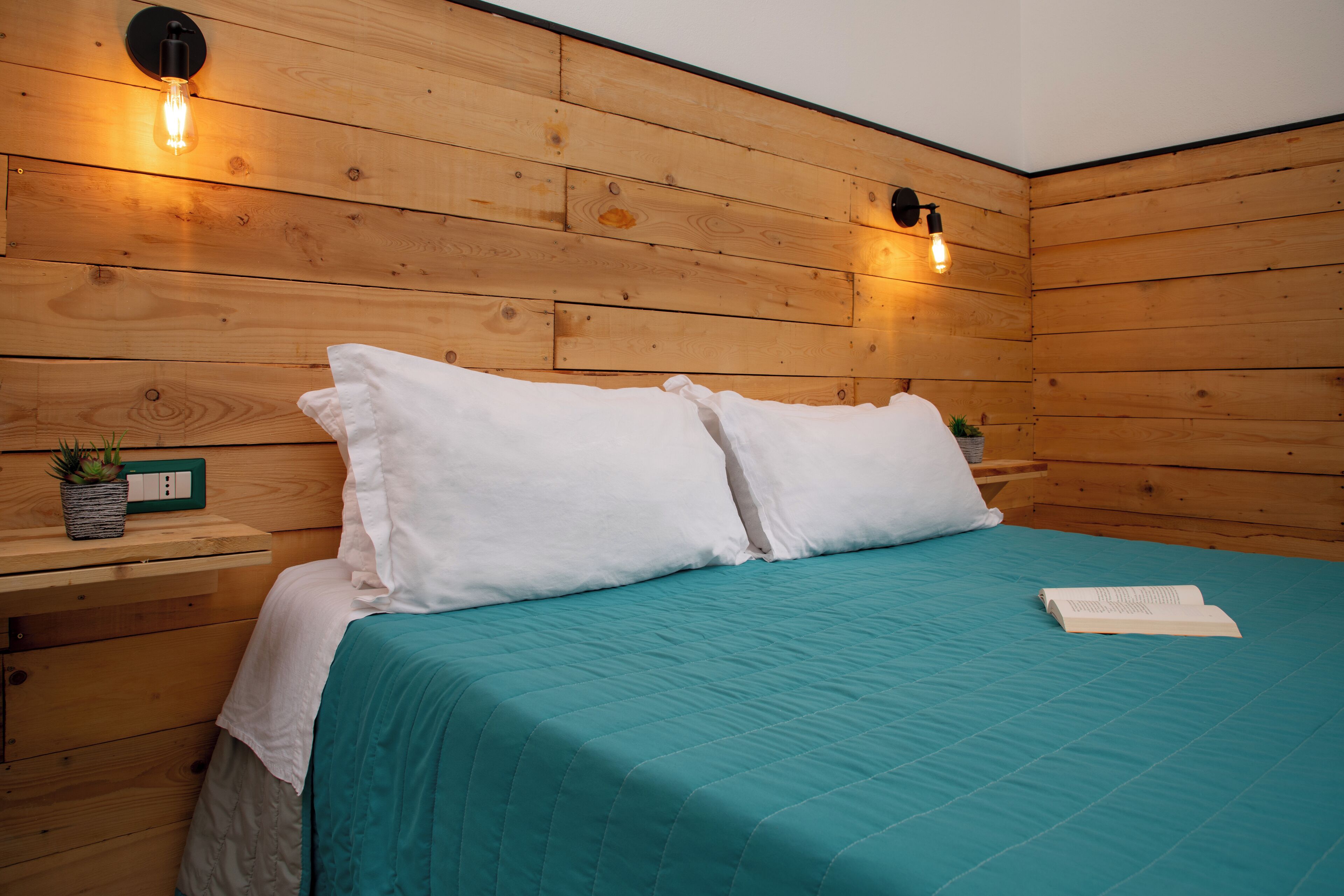 A wooden room with a bed, two wall-mounted light fixtures, a bedside table with a plant, and a power outlet.