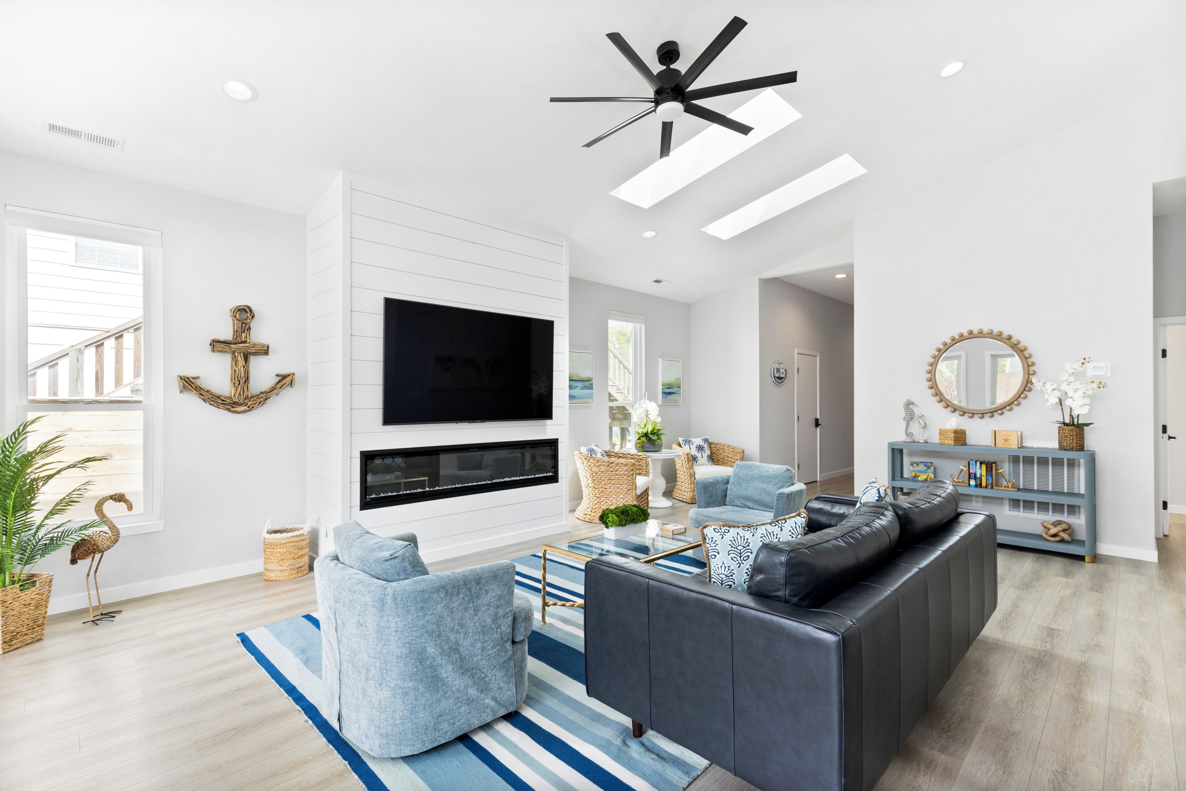 Smart TV, fireplace, books