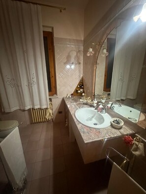 Hair dryer, bidet, towels, soap