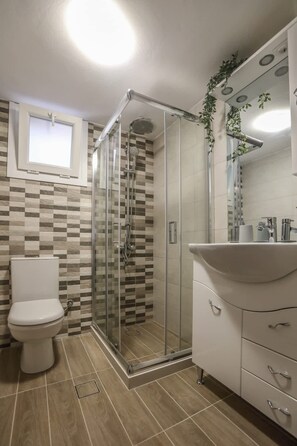 Douche, sèche-cheveux, serviettes fournies, shampoing