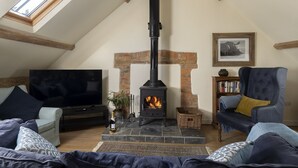 Una sala de estar acogedora con chimenea, televisor y asientos cómodos.