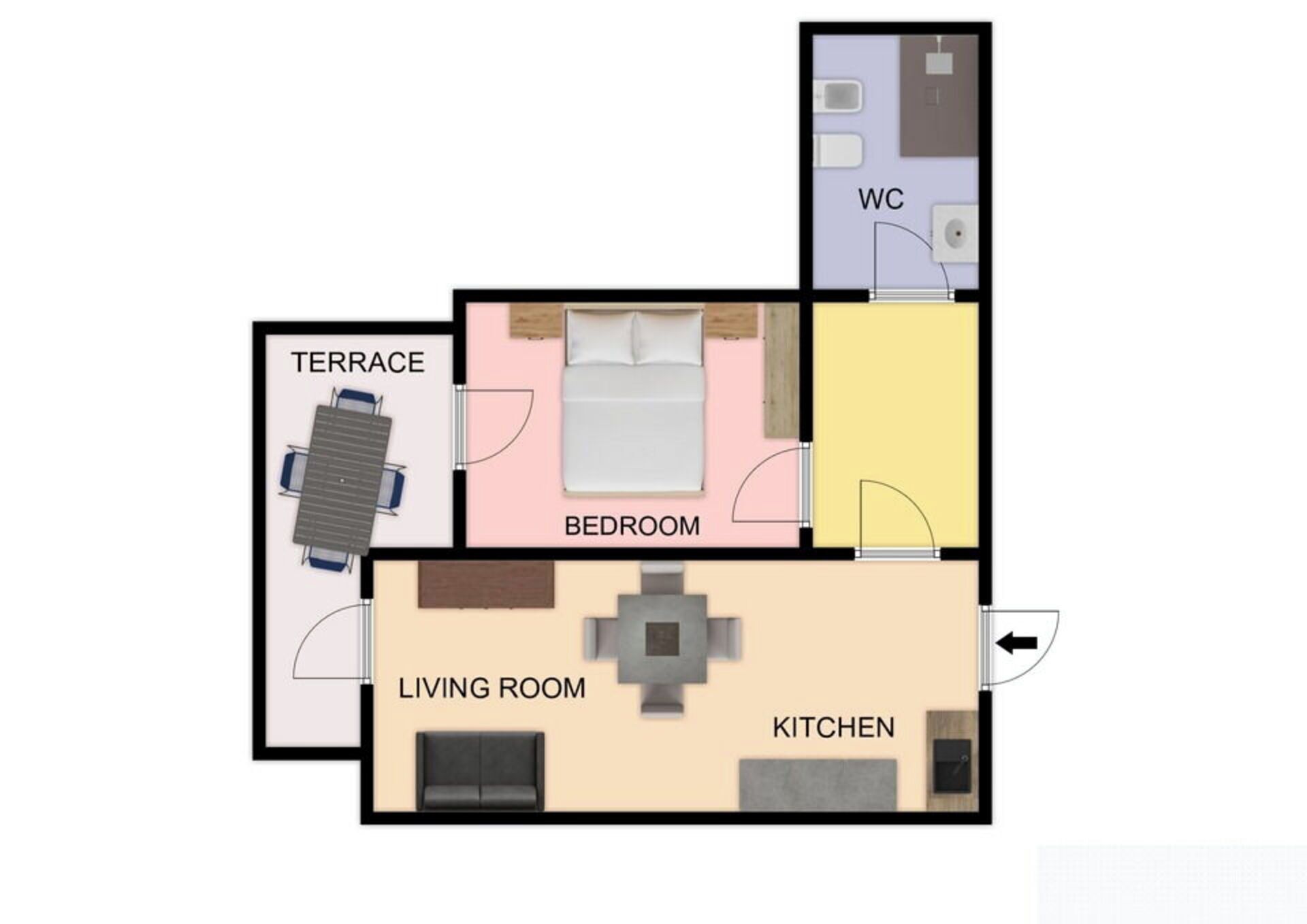 Plano de un cuarto de hotel con terraza, recámara, sala de estar y cocina.